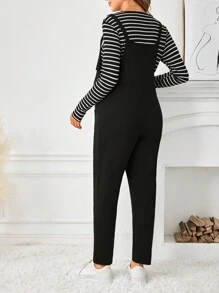 SHEIN 孕妇装条纹 T 恤和连体裤套装，秋季 - 黑與白 - 查看 2