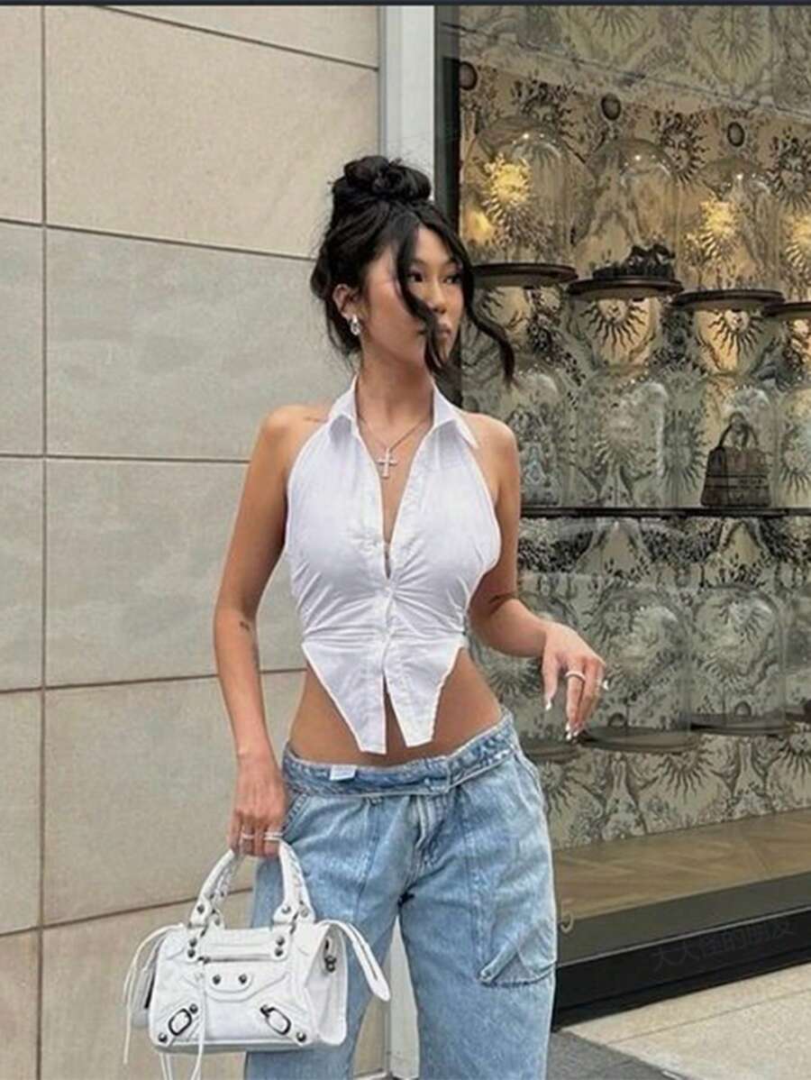 Chiquease Charming & Sexy Sleeveless Halter Neck Backless Strap Tank Top - White - View 1