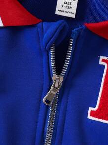 幼儿/婴儿男孩拼色克莱因蓝领字母贴花拉链夹克，运动休闲风格，适合摄影 - 寶藍色 - 查看 3