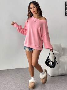 Chiquease Women's Fashionable Casual Elegant Pink Loose Long Sleeve Sweatshirt