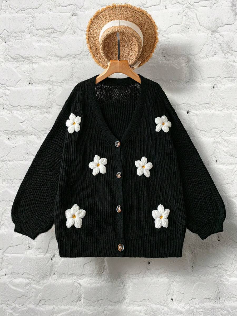 SHEIN LUNE Femmes grande taille Cardigan casual en tricot à col en V, broderie de marguerite, simple boutonnage, manches lanternes, couleur unie. Automne/Hiver