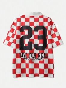 ROMWE MEN Street Life Men's Casual Chess Grid & Letter Print Polo Shirt, Summer, School - Red - View 2
