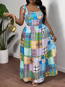 Slaydiva Plus Size Women Patchwork Plaid Crop Top Maxi Skirt Two Pieces Set - Multicolor - View 3