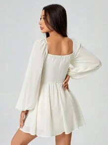 SHEIN PETITE 秋季春假连衣裙带袖甜心领灯笼袖褶皱胸围连衣裙 - 白色 - 查看 4