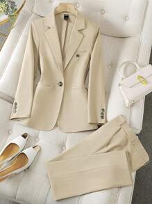 Franclia Women's Fashionable Business Style Solid Color Long Sleeve Suit Set Fall Cloth For Women - Khaki - View 1
