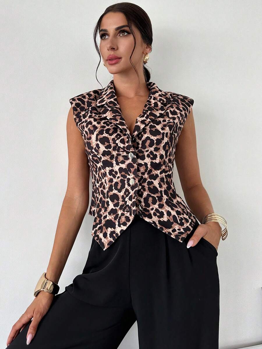 SHEIN Privé 女士深 V 领纽扣垫肩修身豹纹性感优雅西装外套 - 棕色 - 查看 1