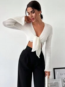 SHEIN Privé Women's Front-Tie Casual Cardigan - Apricot - View 4