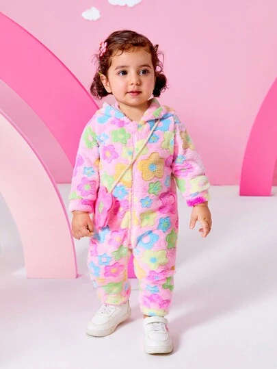 SHEIN Playful Pals 女婴可爱花卉图案提花羊毛连体衣，秋冬