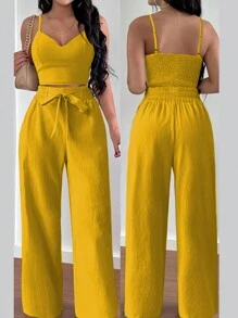 Breezaya 女式杯型肩帶背心上衣搭配蝴蝶結，彈性腰直筒褲，2入組海灘度假套裝 - 黃色 - 查看 6