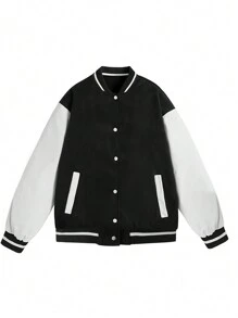INAWLY Casual Leisure Olive Baseball Jacket With Football Graphic - Black and White - View 3