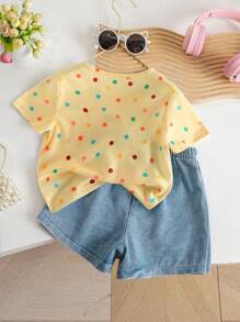 Elladie kids Young Girl 2pcs Back To School Casual Cute Round Neck Polka Dot & Rainbow Print T-Shirt And Solid Color Denim Skirt Shorts Set, Summer Summer Holiday - Yellow - View 2