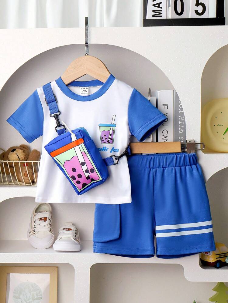 Baby Boys Summer New Fashionable Short Sleeve Top + Casual Shorts + Creative Bubble Tea Shaped Bag 3pcs/Set