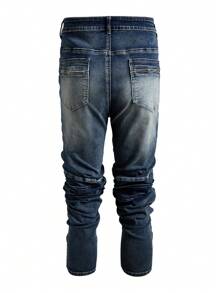 Manfinity Roughcore Plus Size Men Navy Zip-Up Denim Long Sleeve Shirt And Ruched Pocketed Denim Pants Motorcycle Suit - Dark Wash - View 6