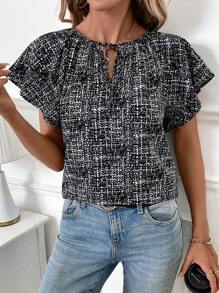 SHEIN Clasi Áo cánh hở vai cổ tròn tay bèo nhún cho nữ - màu đen - Xem 1