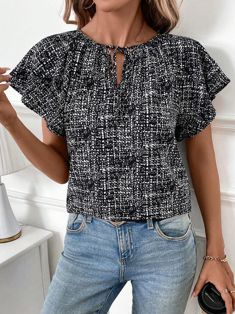 SHEIN Clasi Áo cánh hở vai cổ tròn tay bèo nhún cho nữ - màu đen - Xem 1