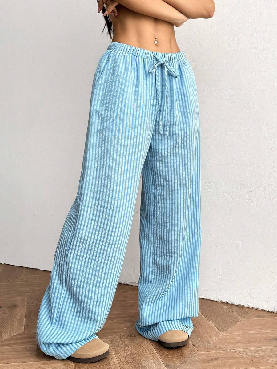 SHEIN EZwear 女士条纹休闲阔腿宽松抽绳腰裤 - 藍色 - 查看 1