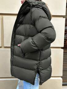 SHEIN Cottnline 斜口袋拉鏈開襟連帽麵包服 - 橄欖綠 - 查看 4