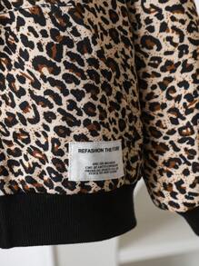 Young Girl Leopard Print Thermal Lined Hooded Letter Applique Casual Jacket