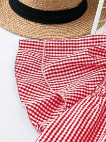 SHEIN LUNE Blusa holgada de mujer talla grande de manga corta con volantes, cuello redondo y diseño a cuadros para ropa de Año Nuevo