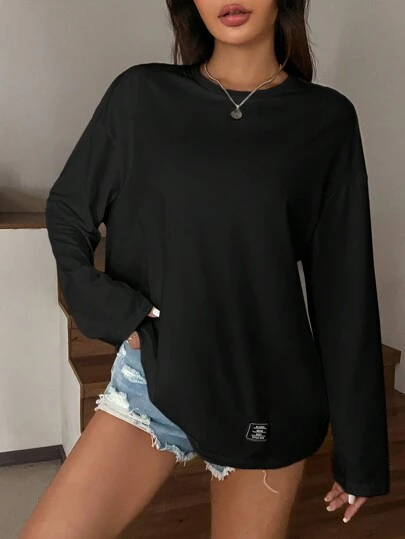 SHEIN EZwear 夏季纯色蝴蝶结装饰短款修身 T 恤，黑色长袖