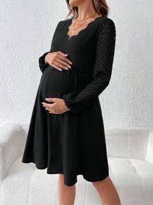 SHEIN Pregnant Women V-Neck Shell Trim Long Sleeve Dress, For Maternity