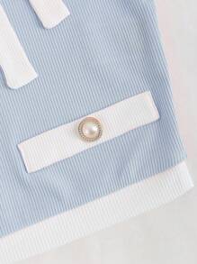 Sweetra Women's Color Block Round Neck Short Sleeve Single Breasted Decorated T-Shirt, Summer Graphic Tees Women Tops