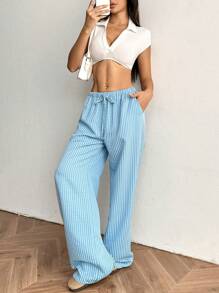 SHEIN EZwear 女士条纹休闲阔腿宽松抽绳腰裤 - 藍色 - 查看 5