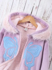 Tween Girl Hooded Padded Coat With Butterfly Embroidery Fluffy Collar Cute Girl Coat - Pink - View 3