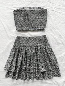 SHEIN Unity Bộ 2 áo Bandeau cho nữ có viền xếp nếp và chân váy in họa tiết khắp thân - Đen và trắng - Xem 2