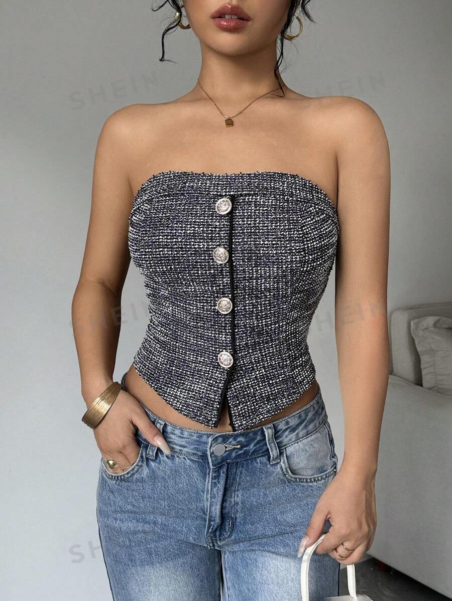 Calvaya Top corto tipo bandeau de tweed para mujer