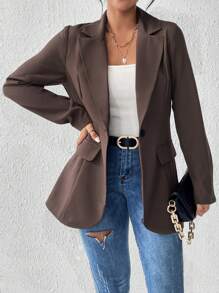 SHEIN PETITE Blazer de solapa de unicolor estilo francés