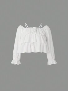 Camisa informal unicolor con volantes y ribete de volantes para niña preadolescente en primavera y otoño - Blanco - Ver 1
