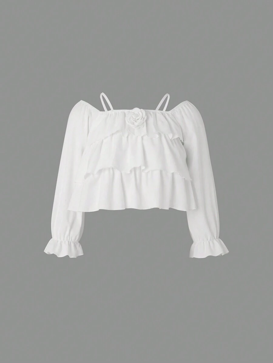 Camisa informal unicolor con volantes y ribete de volantes para niña preadolescente en primavera y otoño - Blanco - Ver 1