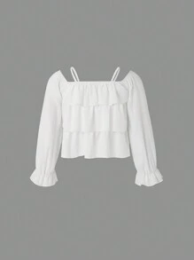 Camisa informal unicolor con volantes y ribete de volantes para niña preadolescente en primavera y otoño - Blanco - Ver 2