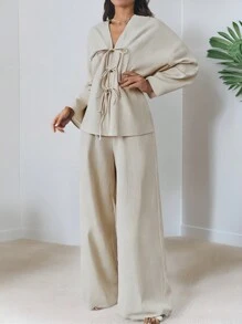 Firerie 2 chiếc nữ tối giản giản dị sành điệu đi nghỉ có dây buộc phía trước Áo rộng & Bộ quần ống rộng co giãn lưng cao - Màu be - Xem 4
