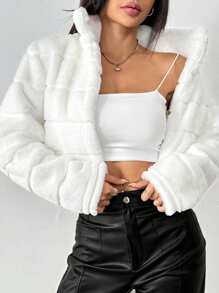Flirla Women's Solid Color White Stand Collar Long Sleeve Fleece Short Jacket, Autumn Winter Fall Cloth For Women - White - View 6