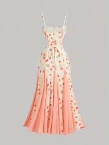 SHEIN MOD Vestido largo de verano con estampado de tulipanes rosa, vestido maxi con gran bajo para mujer, vestidos para graduación, vestidos de playa para mujer - Rojo - Ver 2