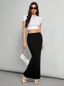 SHEIN Tall Women's Solid Color Casual Knitted High Waist Skirt