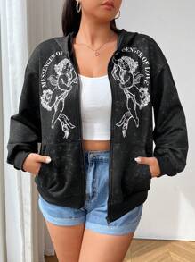 SHEIN EZwear Plus Size Women Plus Size Angel Heart Print Wash Effect Casual Sweatshirt With Pockets, Batwing Long Sleeve Loose Hoodie For Fall/Winter - Black - View 1