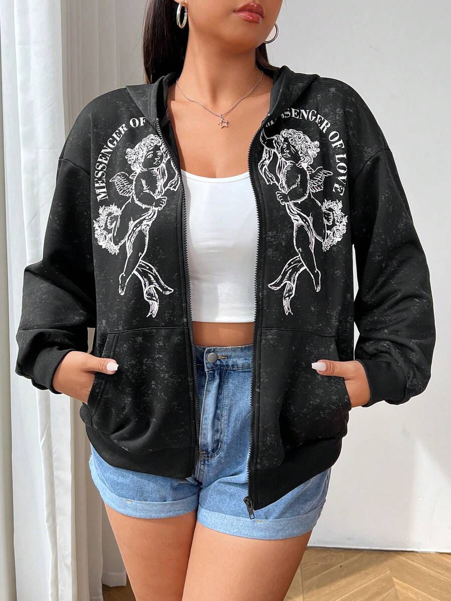 SHEIN EZwear Plus Size Women Plus Size Angel Heart Print Wash Effect Casual Sweatshirt With Pockets, Batwing Long Sleeve Loose Hoodie For Fall/Winter - Black - View 1