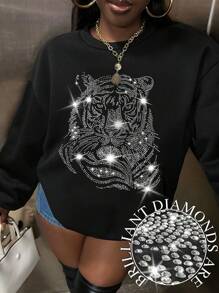 EMERY ROSE Plus Size Fashion Rhinestone Tiger Animal Print Sweatshirt Crew Neck Top - Black - View 1