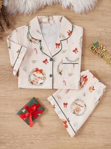 圣诞印花翻领短袖短裤泡泡雪纺睡衣套装 - 彩色 - 查看 4