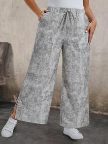 SHEIN LUNE Plus Size Tie-Dye Casual Wide Leg Pants - Light Grey - View 1
