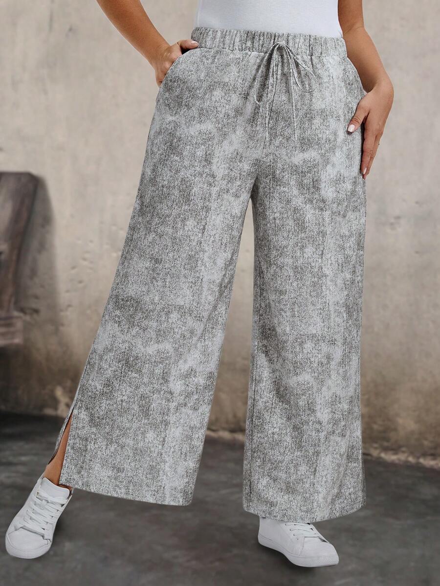 SHEIN LUNE Plus Size Tie-Dye Casual Wide Leg Pants - Light Grey - View 1