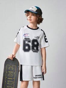 SHEIN Conjunto de 2 piezas para niño preadolescente con camiseta de manga corta con estampado gráfico holgada informal y pantalones cortos