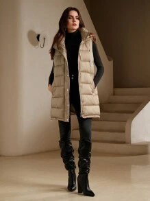 Anewsta Women Sleeveless Button Design Fashion Removable Hooded Side Slit Apricot Vest - Brown - View 4