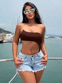 VaVaBold Solid Color Asymmetrical Neckline Sexy Sleeveless Waist Hollow Bodysuit