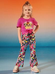 THE POWERPUFF GIRLS X SHEIN 2pcs Young Girl Cartoon Print Knot Hem Short Sleeve T-Shirt And Flare Leg Pants Outfit
