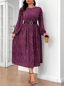 SHEIN Frenchy Plus Size Women's Tea Party, Homecoming, Fall Women's Long Sleeve Dresses, Long Dresses, Fall Clothes, Bridgerton Style, Ditsy Floral Crew Neck Long Sleeve Dress,Beach Dress Sundress,Holiday Outfits Boho