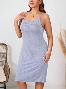 SHEIN LUNE 大码罗纹吊带裙 + 开衫 2 件套秋季女装女士服装套装旅行装机场 - 藍色 - 查看 3